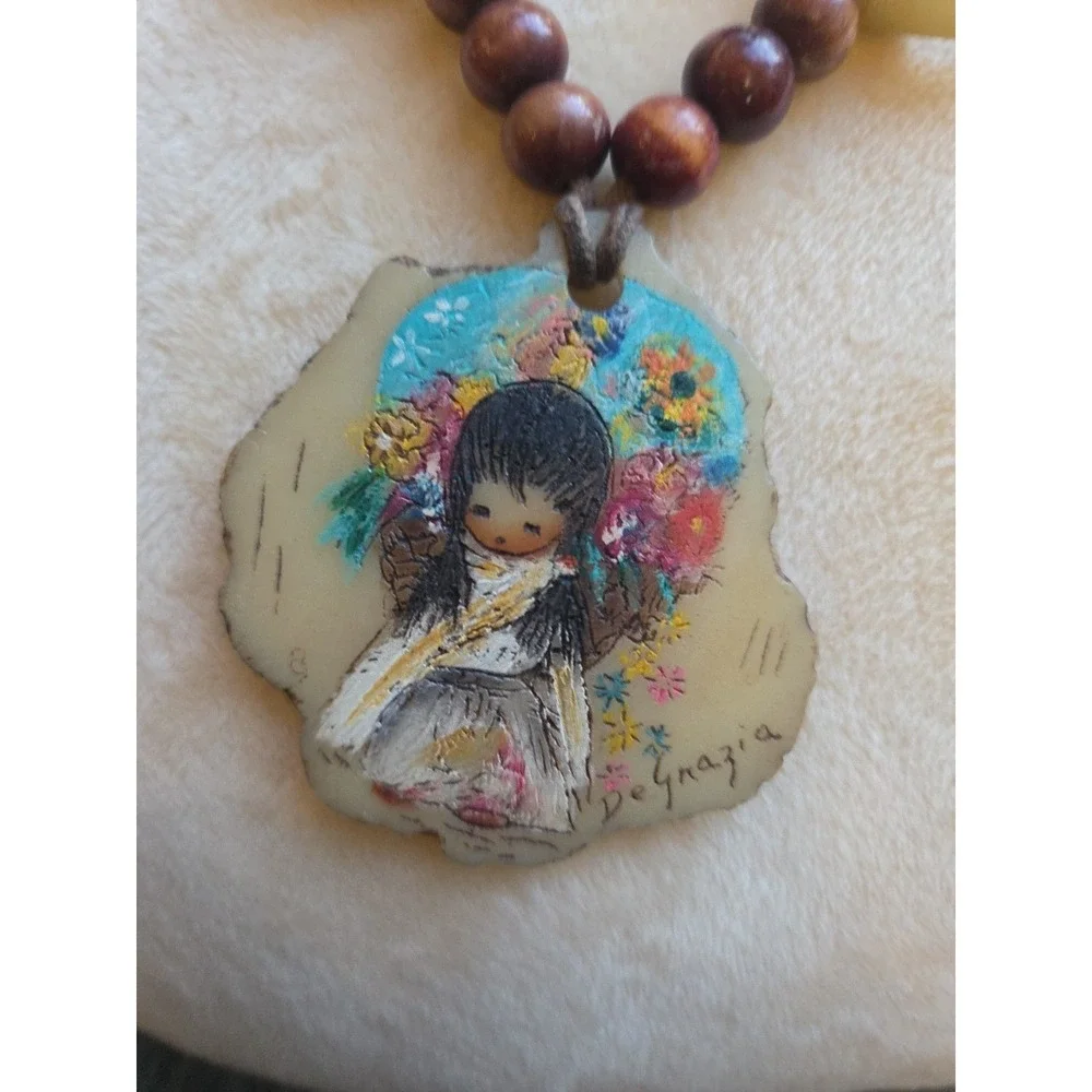 Vintage DeGrazia Hand Painted Pendant Necklace Native Girl with Flowers Brids - Picture 2 of 7